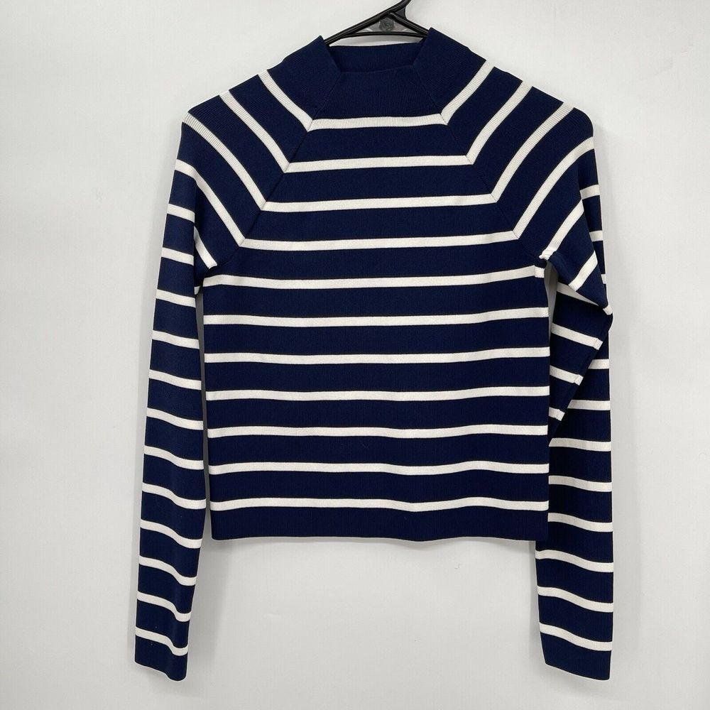 Lauren Ralph Lauren S Striped Sweater Womens Navy White Mock Neck Ribbed‎ Knit